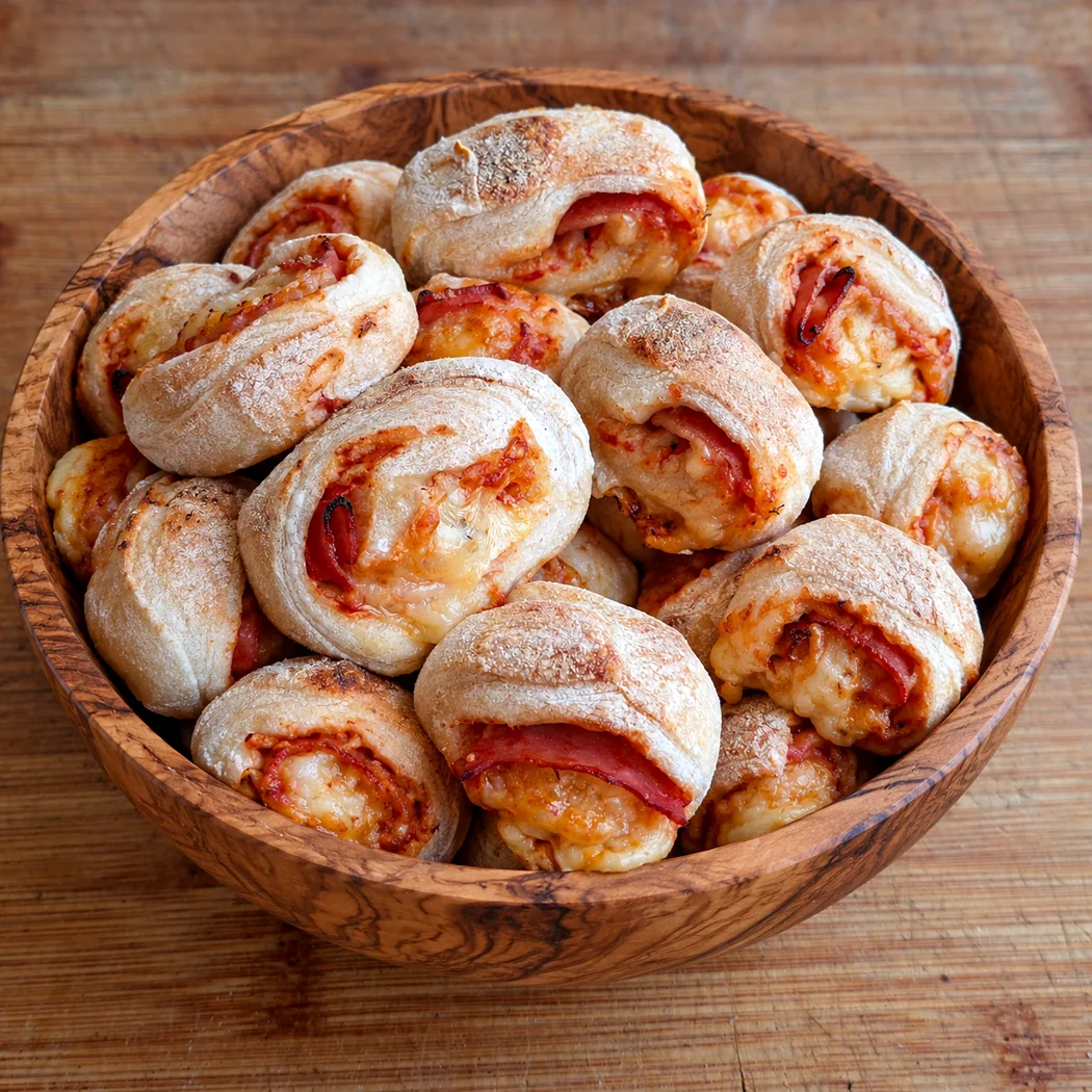Frisch gebackene gefüllte Pizzabrötchen in einer Holzschüssel